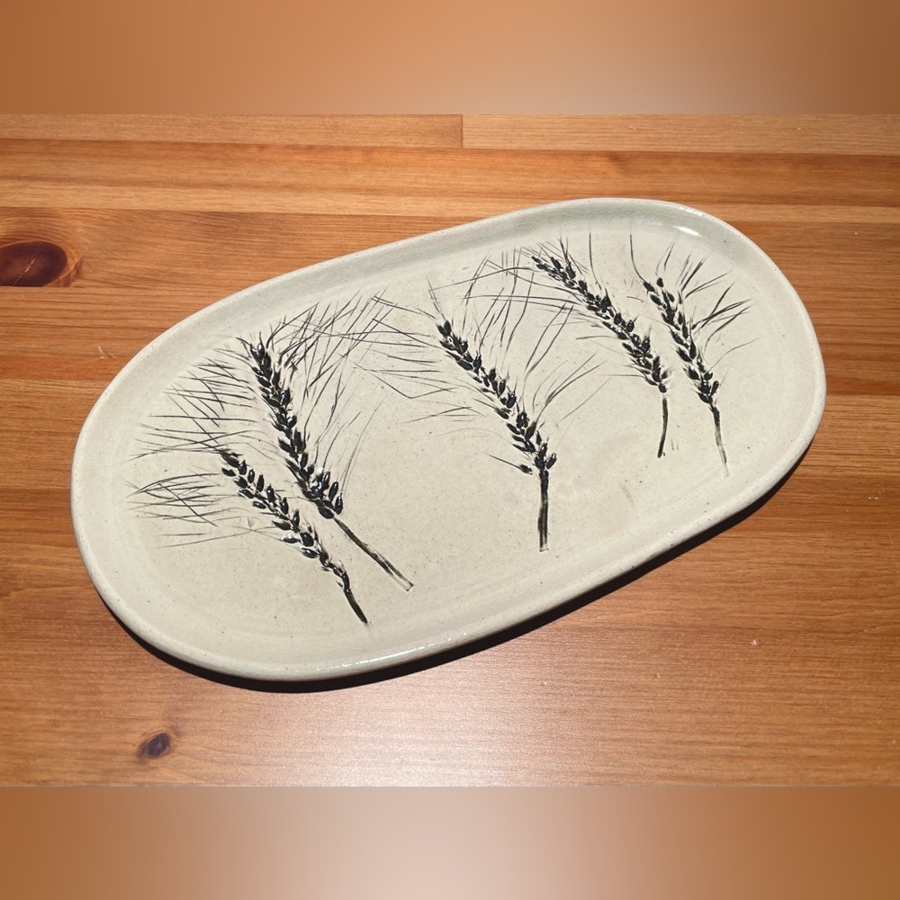 Americanna Wheat 11" Serving Platter Handmade Signed Studio Art Pottery Oval